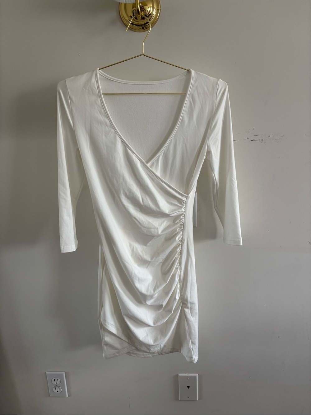 White Ruched Wrap Bodycon Midi Dress 3/4 Sleeve Medium